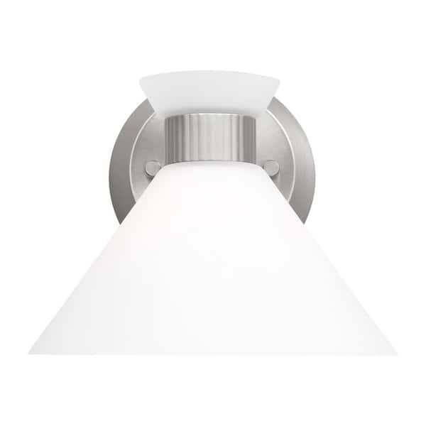 SCOTT LIVING Belcarra 7.5 in. W x 6.625 in. H 1-Light Brushed Steel Bathroom Wall Sconce with Etched White Glass Shade