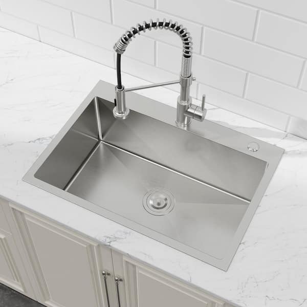 27 in. x 19 in. Drop-in Topmount SIngle Bowl Stainless Steel Kitchen Sink with Rounded Corners and 4-holes in Silver