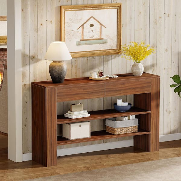 Benjamin 53 in. Walnut Color Rectangle Engineered Wood Console Table with 2 Drawers and Storage Shelves, Entryway Table