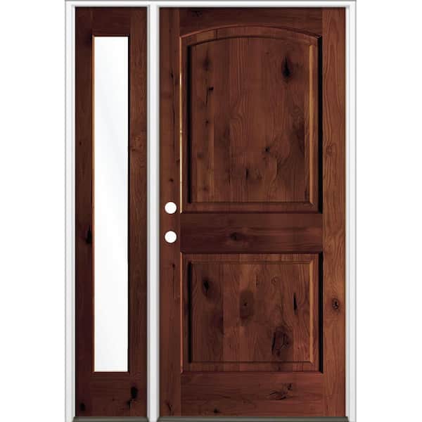 Krosswood Doors 44 in. x 80 in. Knotty Alder 2-Panel Right-Hand/Inswing Clear Glass Red Mahogany Stain Wood Prehung Front Door LFSL
