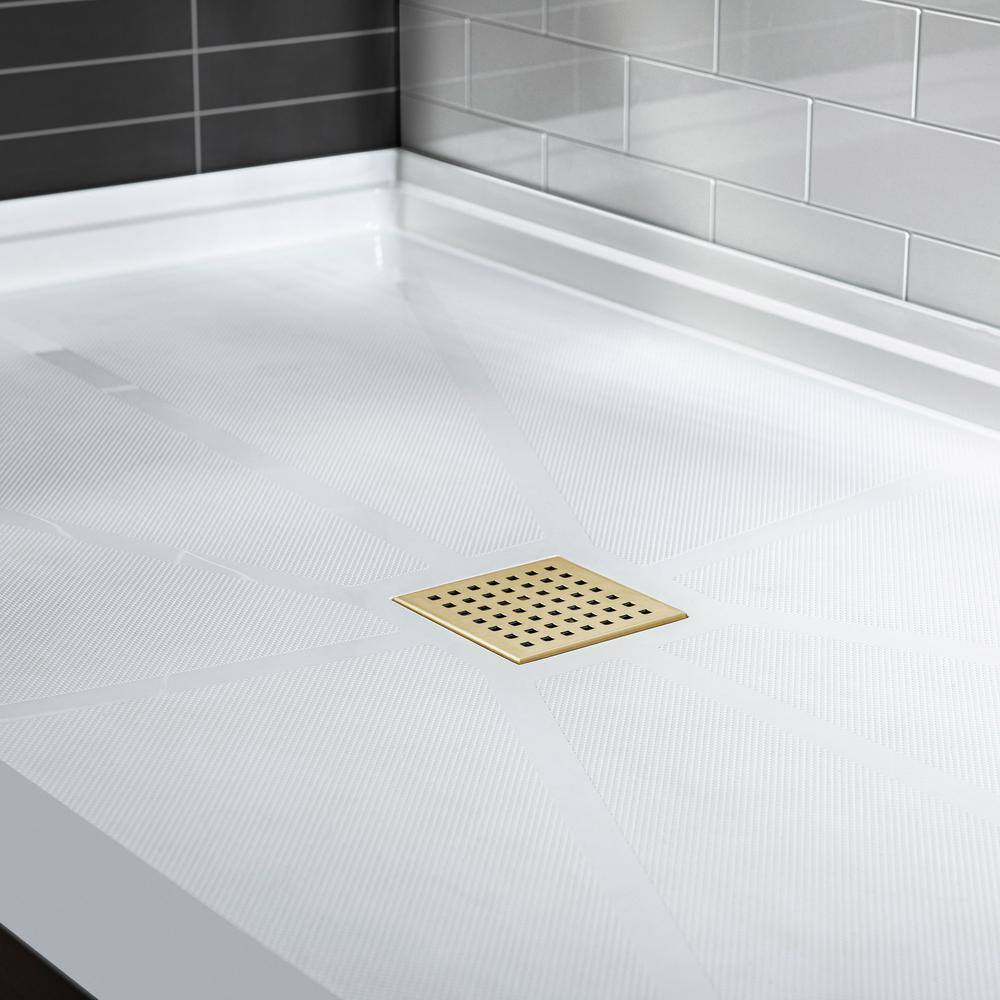 36" White Solid Surface Shower Pan Base with Brushed Gold Drain Cover
