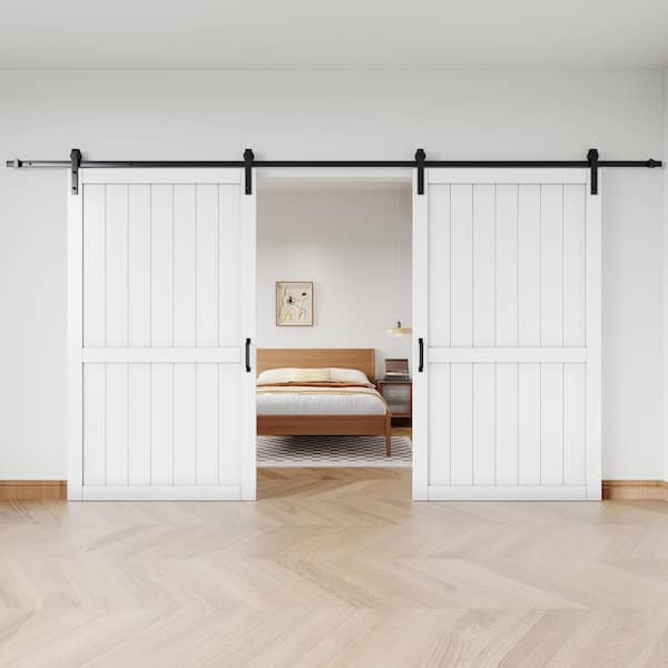96 in. x 84 in.（Two 48 in. Slabs）WhiteH Style Primed Sliding Barn Door Slab With Soft Close and Hardware Kit