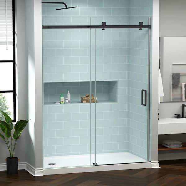 55-60 in. W x 76 in. H Sliding Frameless Shower Door in Matte Black with 1/4 in. Clear Tempered Glass