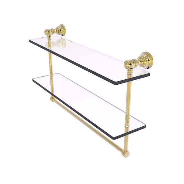 Allied Brass Carolina Collection 22 in. x 9.5 in. x 5.54 in. Brass Rectangular Double Glass Shelf with Towel Bar in Unlacquered Brass