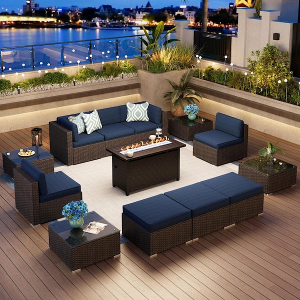 PHI VILLA Brown Rattan Wicker 8-Seat 13-Piece Steel Outdoor Fire Pit Patio Set with Blue Cushions, Rectangular Fire Pit, Ottomans