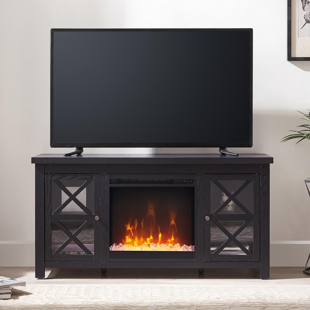 Colton 55" Black Metal TV Stand with Crystal Fireplace and Cabinet