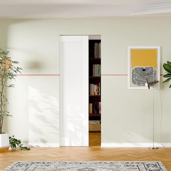 32 in. x 80 in. White Primed 1-Panel Core Solid Wood Sliding Pocket Door with Soft Close, Frame and Hardware Kit Set