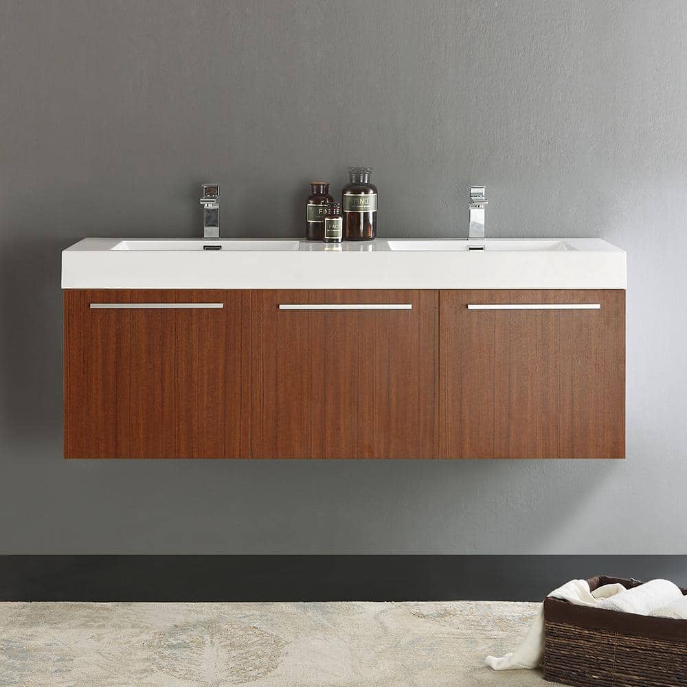Teak 59" Wall-Mount Double Vanity Cabinet Base