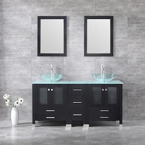 60 in. W x 21.5 in. D x 61 in. H Double Sinks Bath Vanity in Black with Clear Glass Countertop and Mirror