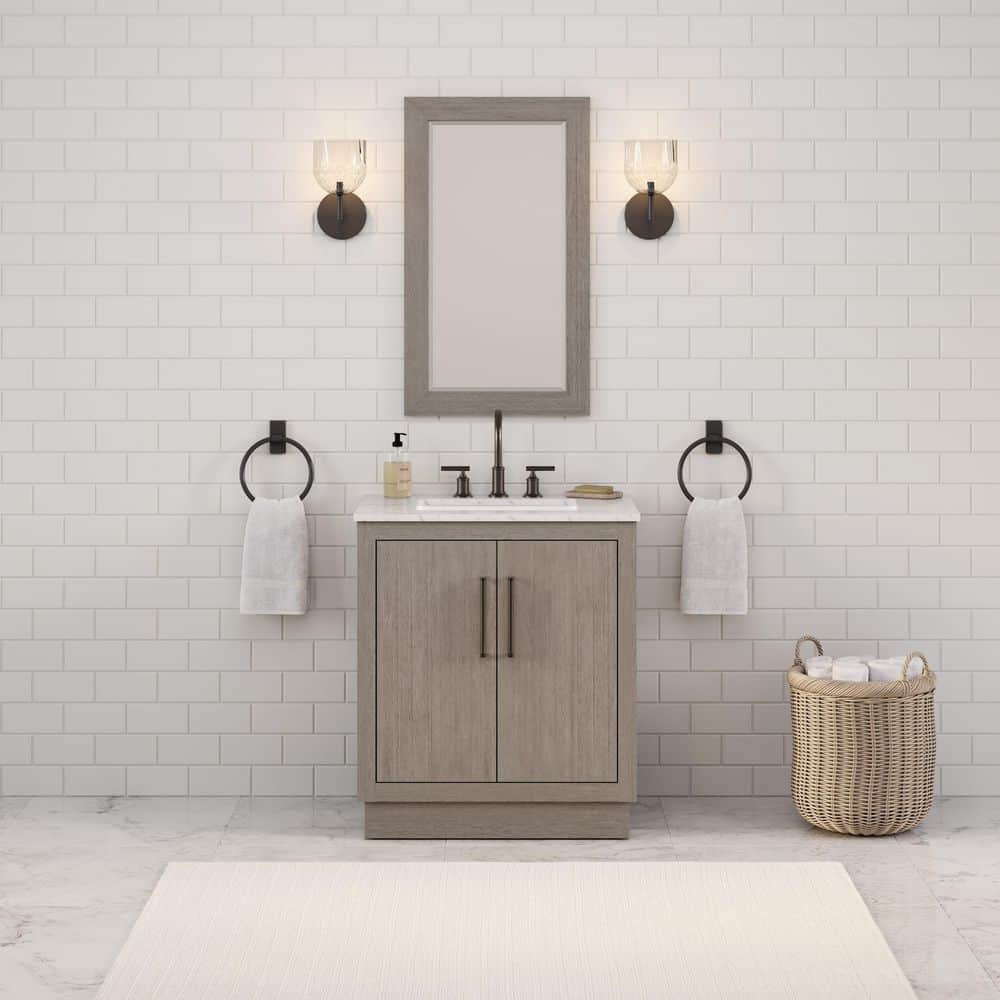 Rustic Grey Oak 30'' Freestanding Vanity with White Marble Top