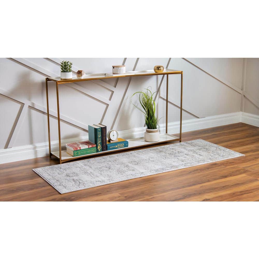 Ivory and Gray Geometric Synthetic Indoor Runner Rug