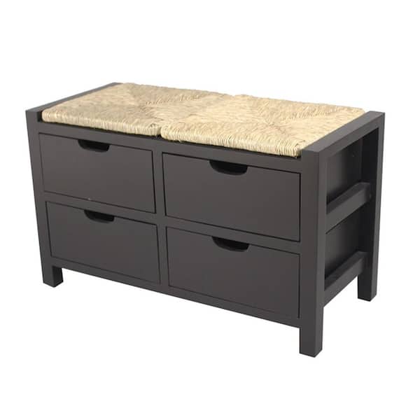HomeRoots Shelly 15 in. Black Natural Sea Grass Wood Bench with Drawers