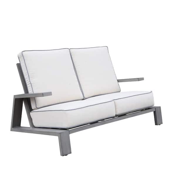 Mondawe Handcraft.ed Aluminum Gray Loveseat Sofa Outdoor Lounge Chair with Cushion for Patio Balcony