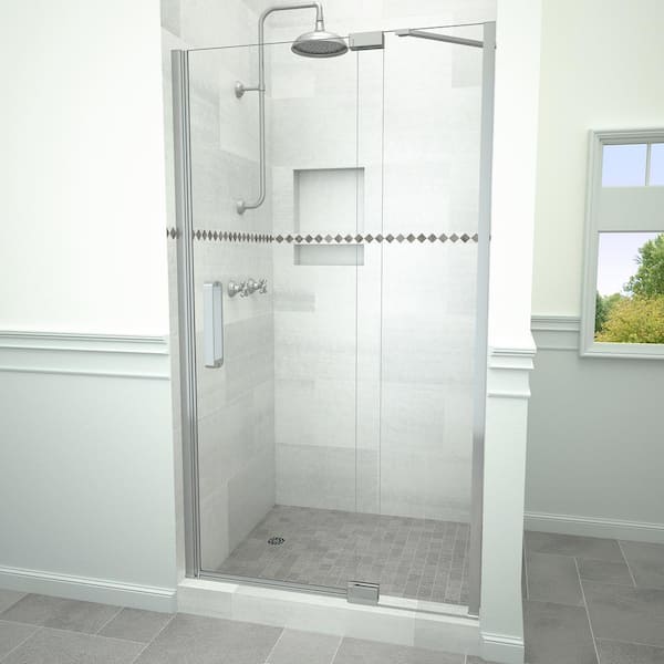 Tile Redi Redi Swing 5200 35 in. W x 76 in. H Semi-Frameless Pivot Shower Door in Brushed Nickel with Handle and Clear Glass