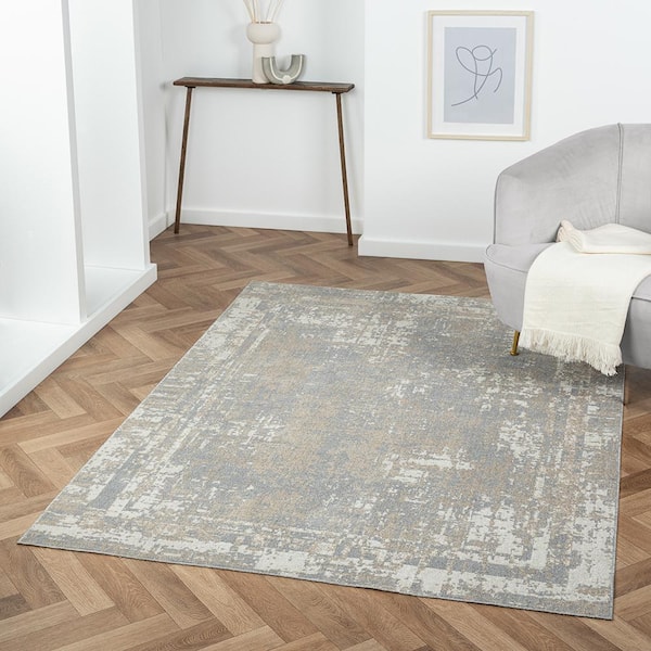 Lara Ultimate Gray/Ivory 8 ft. x 10 ft. Transitional Distressed Border Machine-Washable Area Rug