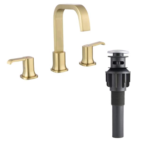 AIMADI 8 in. Widespread Double Handle Bathroom Faucet with Drain Assembly 3-Hole Brass Bathroom Vanity Taps in Brushed Gold