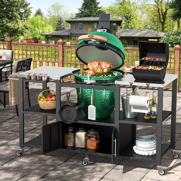 65 in. W Outdoor Stainless Steel Grill Cart Table Stand for Big Green Egg with Storage Cabinet and Wheels