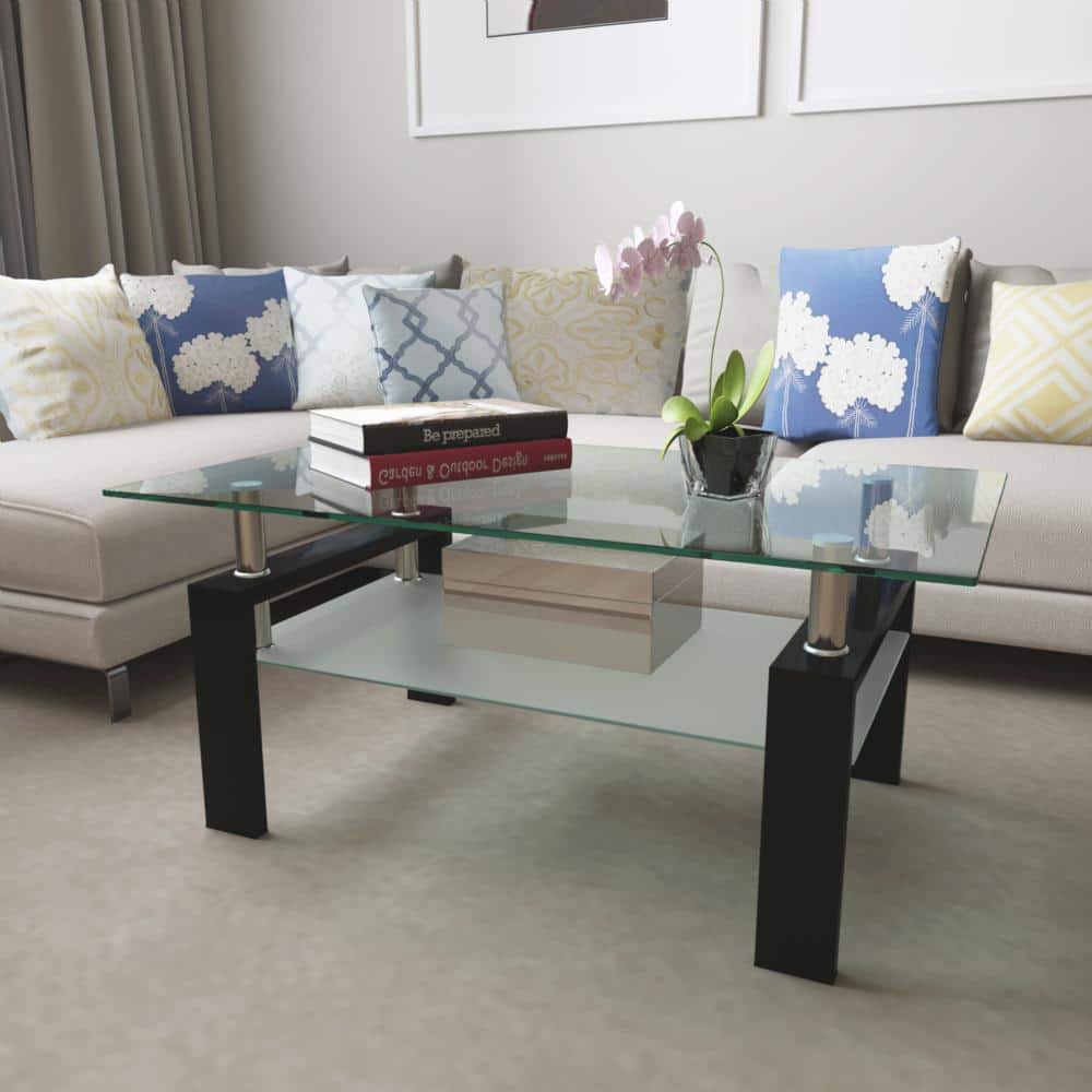 38.6 in. W Black Rectangle Glass Tabletop Coffee Table with shelf