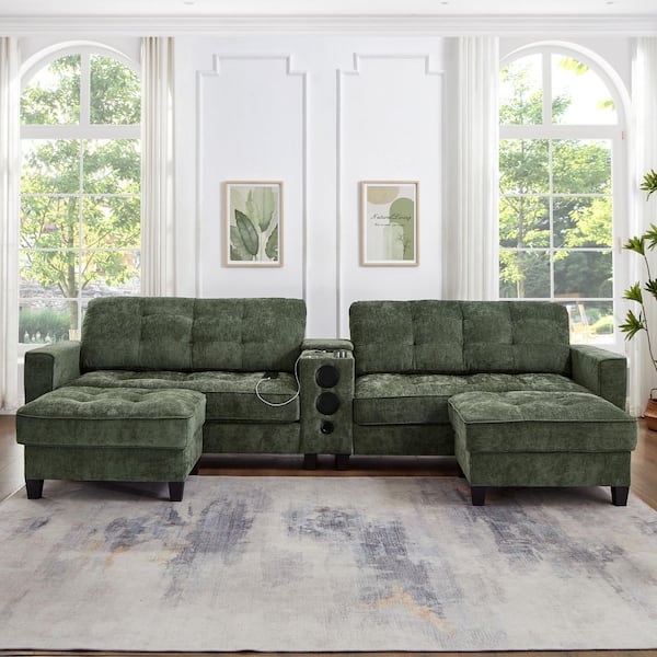 126 in. Square Arm Chenille U-shaped Sectional Sofa in Green with Ottomans, Bluetooth Speakers and LED