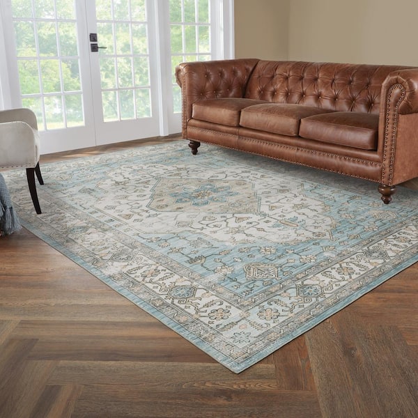 Harmony Medallion Blue 2 ft. X 7 ft. Polyester Indoor Machine Washable Runner Rug