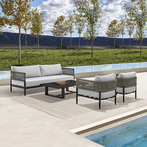 Armen Living Felicia Black 4-Piece Aluminum Patio Conversation Set with Light Gray Cushions
