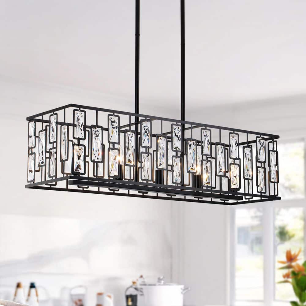 5 Lights Black Rectangular Metal Frame Pendant Light 5-Light Faceted Crysta