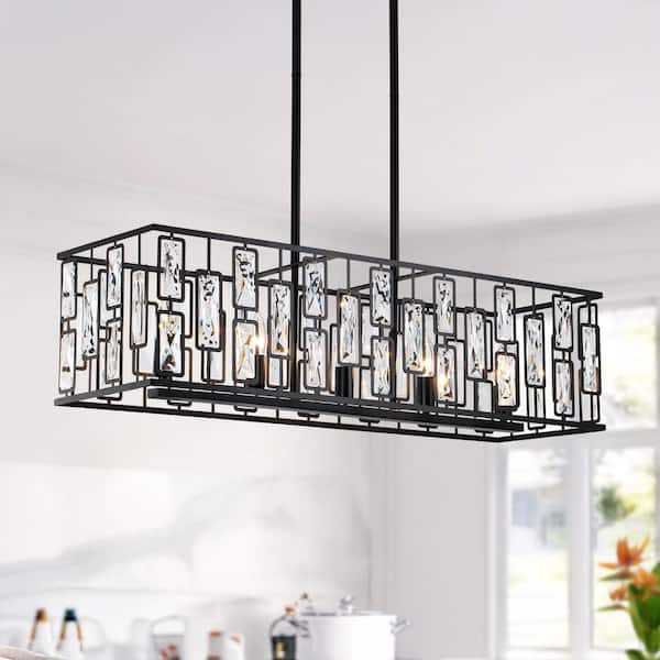 5 Lights Black Rectangular Metal Frame Pendant Light 5-Light Faceted Crystal Kitchen Island Light