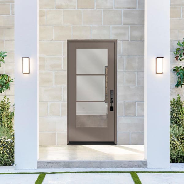 Legacy 30 in. x 80 in. Icon 3-Lite Modern Clear Glass LHIS Kindling Fiberglass Prehung Front Door