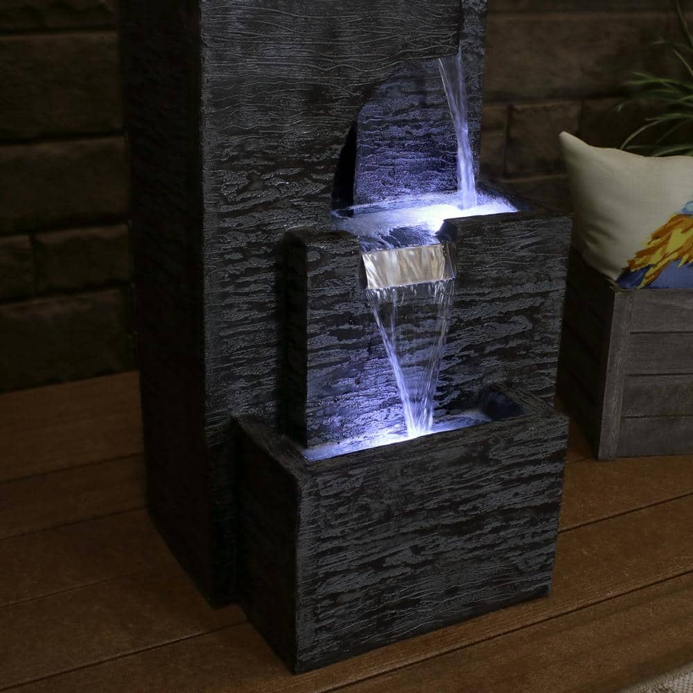 32-Inch Gray Polyresin Cascading Tower Outdoor Water Fountain with LED Lights