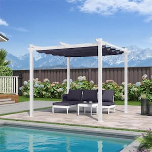 10 ft. x 10 ft. White Aluminum Frame Patio Pergola Gazebo with Navy Blue Retractable Sunshade Canopy and Extra Top Roof