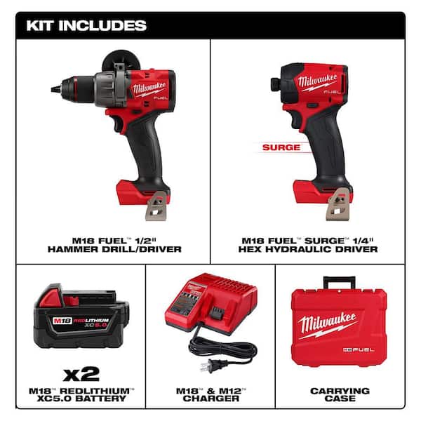 M18 FUEL 18V Lithium-Ion Brushless Cordless Hammer Drill & SURGE Impact Driver Combo Kit (2-Tool) w/ (2) 5.0 Ah Battery
