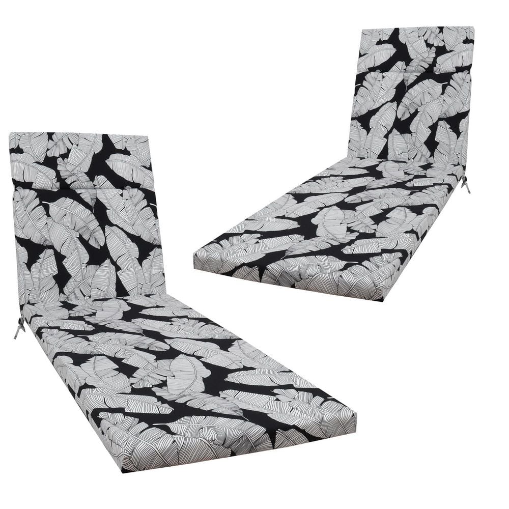 2-Piece 22.8 in. W x 75 in. D Black Leaf Outdoor Chaise Lounge Cushions wit