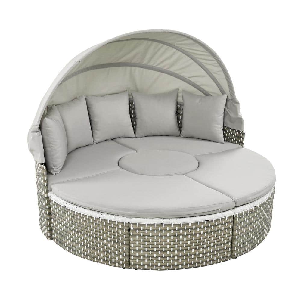 Wicker Patio Outdoor Sofa Set Rattan Day Bed 2-Tone Weave Sunbed with Retractable Canopy, Gray Cushions price history on PriceWatchPro