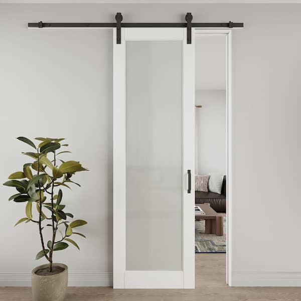 ARK DESIGN 30 in. x 96 in. 1-Lite Tempered Frosted Glass White Primed MDF Composite Sliding Barn Door with Hardware Kit