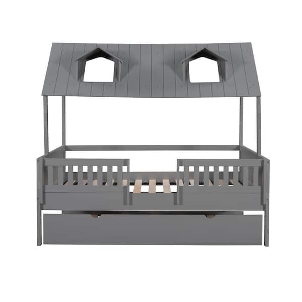 Angel Sar Gray Full Size Kids Wood House Bed with Twin Size Trundle, Fence and Window