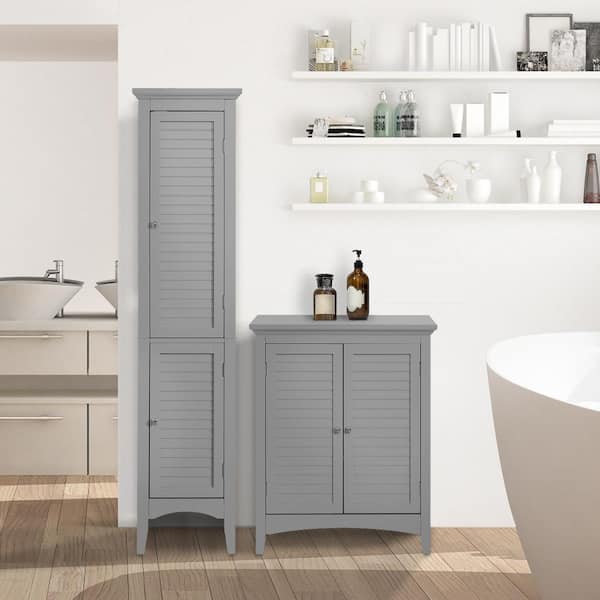 Glancy Double Shutter Door Floor Cabinet in Grey for Bathroom Storage 