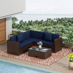 Outdoor Garden Brown 4-Piece Wicker Patio Conversation Set with Navy Cushions