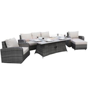 Jessica 5-Piece Wicker Patio Conversation Set with Beige Cushions with Firepit Table