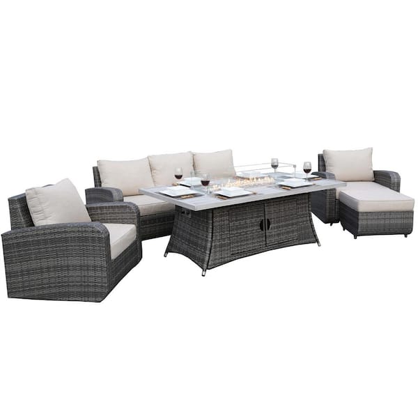 DIRECT WICKER Jessica 5-Piece Wicker Patio Conversation Set with Beige Cushions with Firepit Table