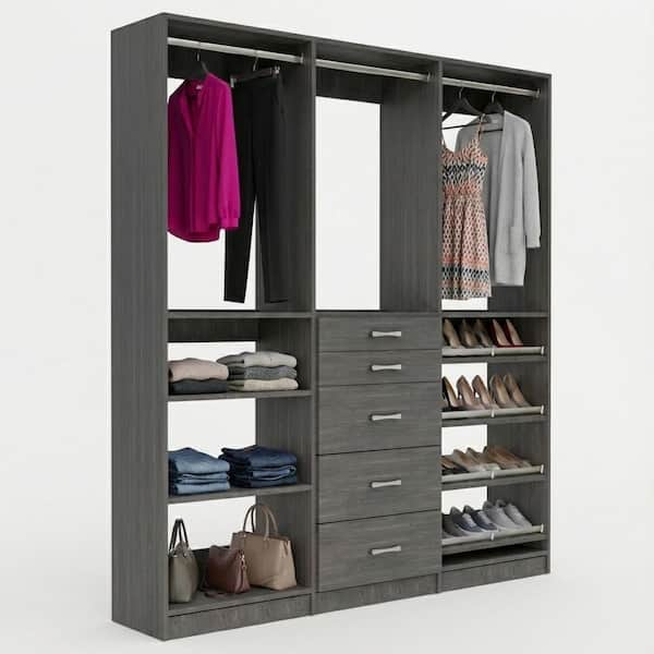 Alto Collection 99 in. W Grey Wall Mounted Hang w Shelves, 5-Drawer w Hang, Hang w Shoe Shelves Wood Closet System