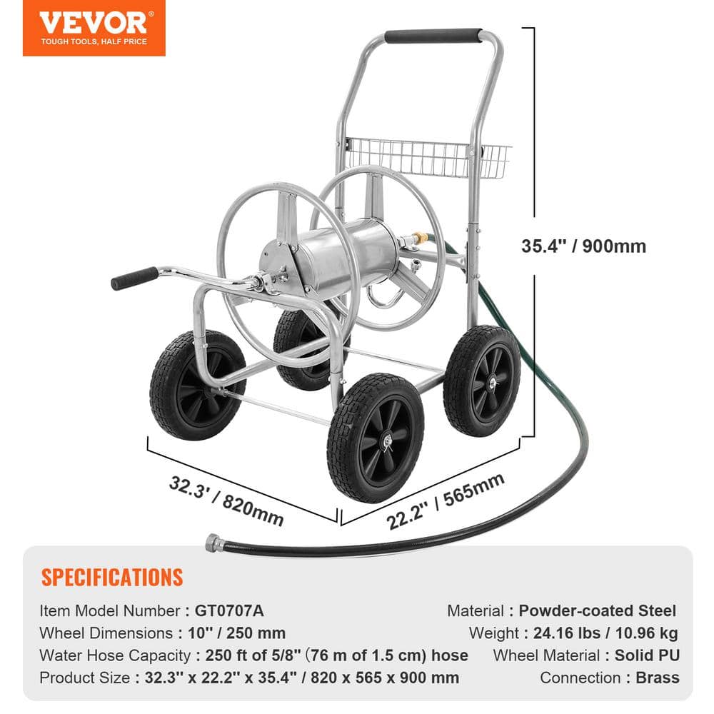 Heavy Duty Silver Steel Garden Hose Reel Cart with Storage Basket