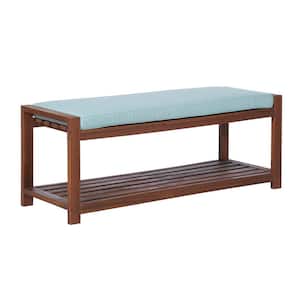 Dark Brown Wood Outdoor Patio Bench with Blue Cushion