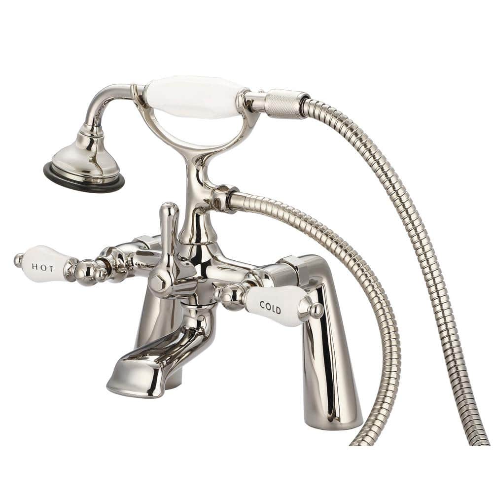 Elegant Polished Nickel Deck Mount Tub Faucet with Porcelain Lever Handles