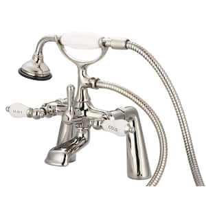 3-Handle Claw Foot Tub Faucet with Labeled Porcelain Lever Handles and Handshower in Polished Nickel PVD