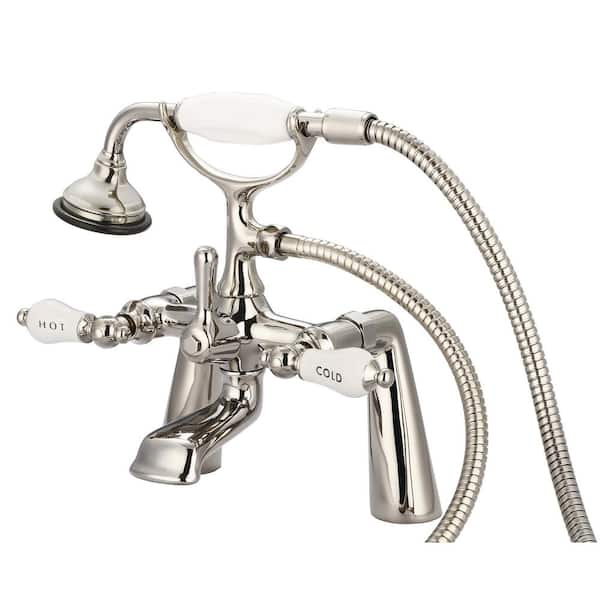 Water Creation 3-Handle Claw Foot Tub Faucet with Labeled Porcelain Lever Handles and Handshower in Polished Nickel PVD
