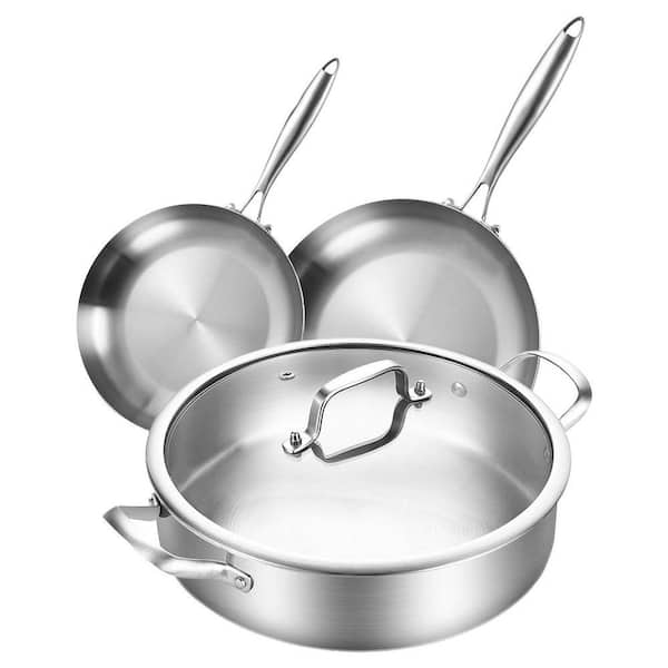 12 qt. Tri-Ply Stainless Steel Saute Pan with Lid and 8-10 qt. Frying Pan Set Induction Dishwasher Oven Safe 3-Pack