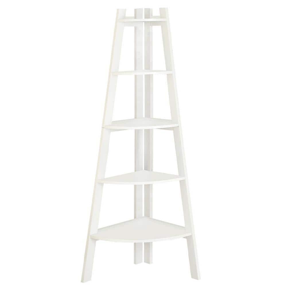 Benjara 63.25 in. White Wood 5shelf Corner Ladder Bookcase BM172780