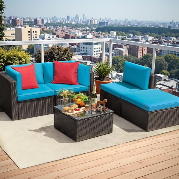 5-Pieces Wicker Patio Conversation Set Outdoor Rattan Sofa with Glass Coffee Table and Blue Cushions
