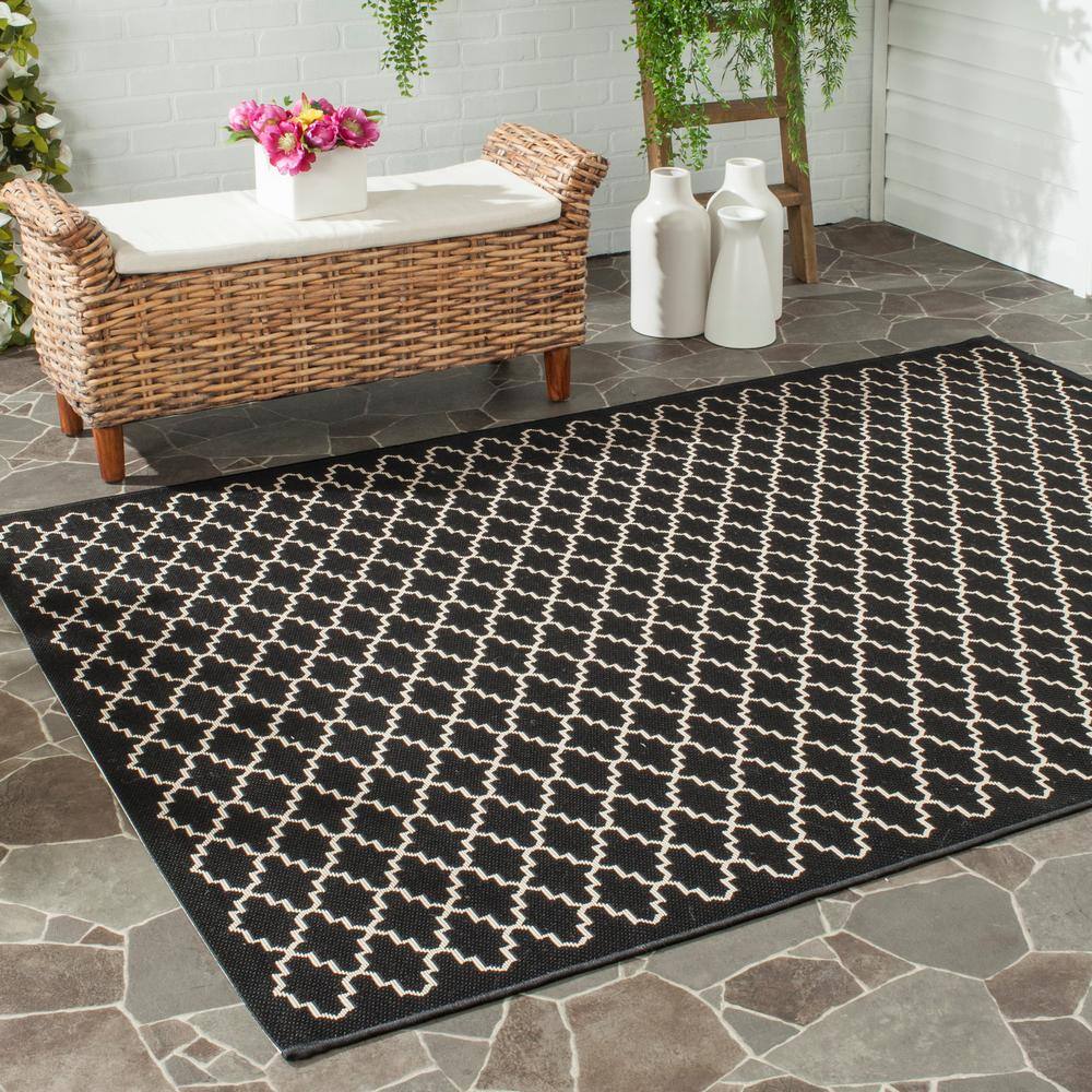 Black and Beige Square Synthetic Indoor/Outdoor Area Rug