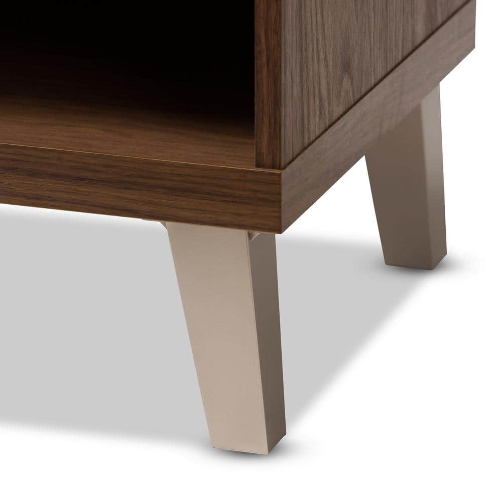 Walnut Wood & Light Gray Fabric 3-Drawer Shoe Storage Bench